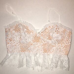 LUSH White Lace Peplum Bustier Crop Top – Size M
